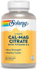 SOLARAY Calcium Magnesium Citrate 1:1 Ratio w/Vitamin D 2 - Calcium Supplements for Women and Men - Calcium 1000mg Magnesium 1000mg - Bone Health Support - 60-Day Guarantee 30 Servings 180 VegCaps