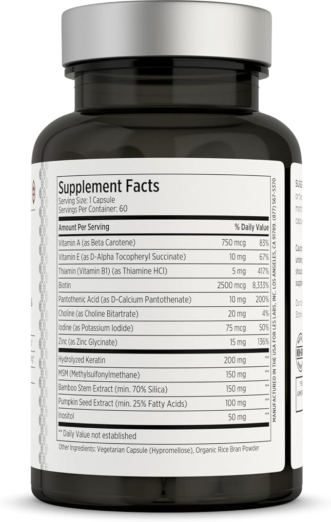 LES Labs Hair Health – Hair Growth &amp Nails Supplement Improved Thickness Strength &amp Fullness – Keratin Biotin Pumpkin Seed &amp MSM – 60 Capsules (Pack of 3)