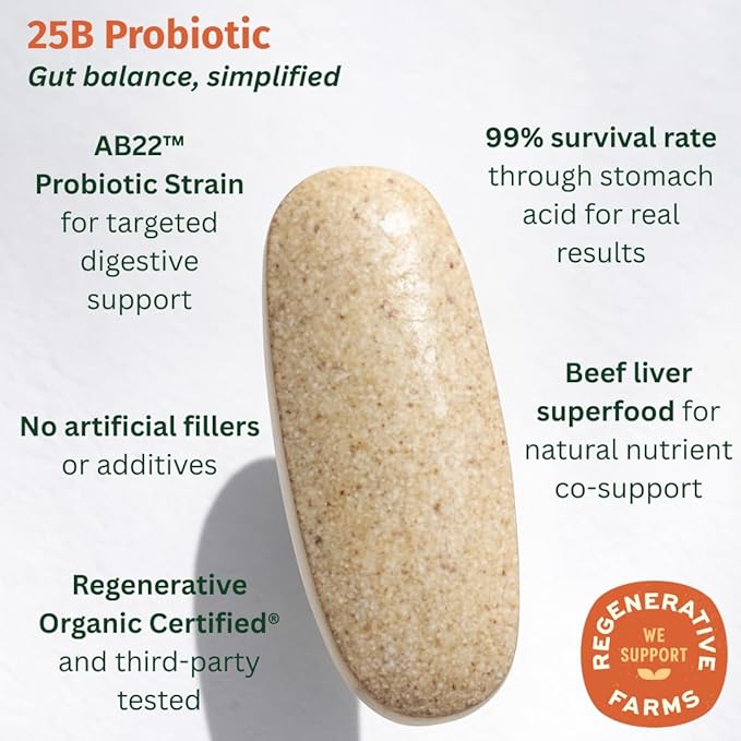 Probiotic 25B CFU – Regenerative Organic Certified Daily Probiotic for Gut Immune &amp Emotional Health – Supports Digestion Bloating Relief &amp Gut Balance – 30 Tablets