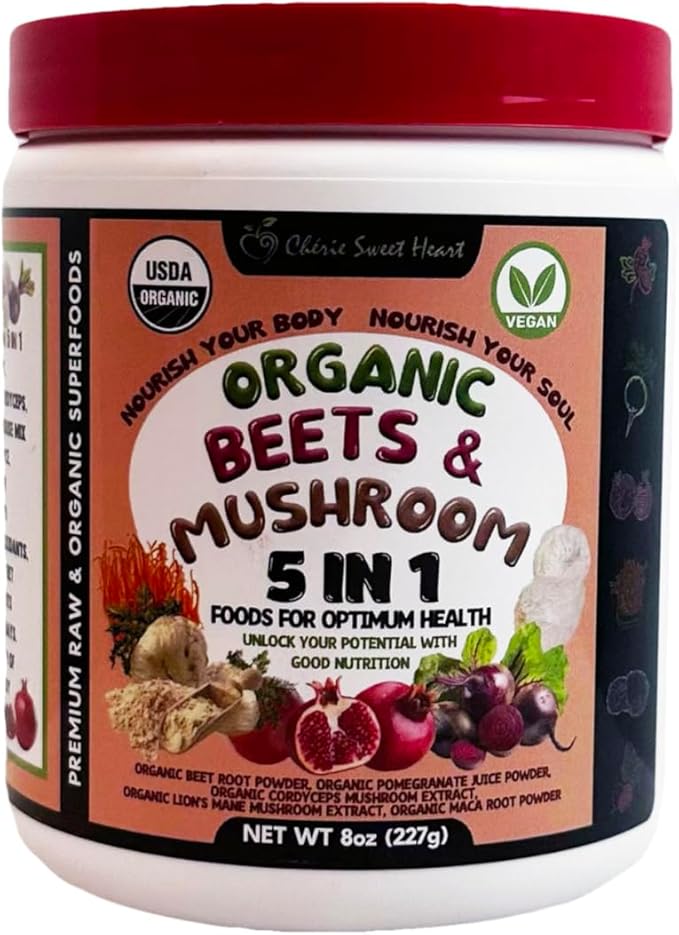 Cherie Sweet Heart Organic Beets &amp Mushroom 5 in 1 Beet Root Powder Mushroom Powder Supplement Beetroot with Pomegranate Cordyceps Lions Mane Maca USDA Organic Gluten Free - 8 Oz Jar