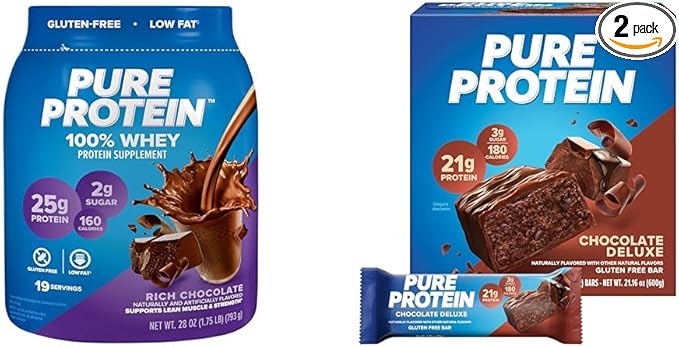 Pure Protein Chocolate Whey Protein Powder 1.75lb &amp Chocolate Deluxe Protein Bars 12 Count