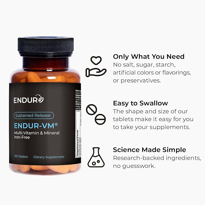 ENDUR-VM - Multivitamin Vitamin A C D E B12 &amp Zinc (Without Iron) SR (Sustained Release) 22 Essential Nutrients to Support Overall Wellness for Men &amp Postmenopausal Women - 150 Tablets