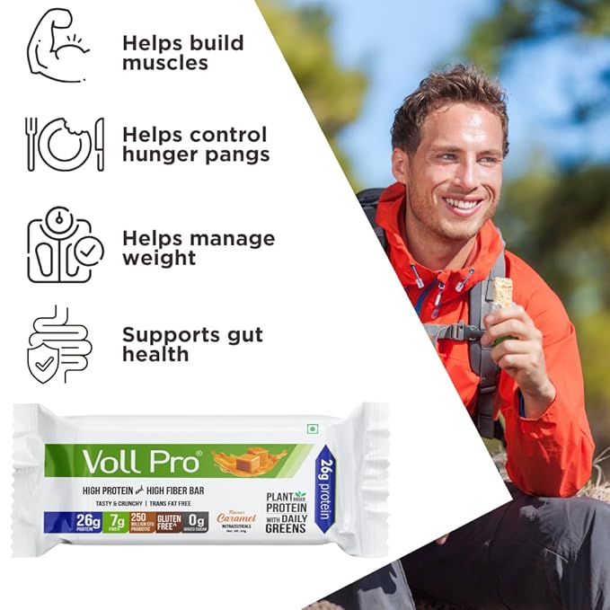 Voll Pro Plant Protein Bar with Daily Greens - High Protein 26g Fiber 7g 0g Sugar - Crunchy Delicious Nutrient-Rich Protein Bars 65g Bar (Pack of 12) (Pack of 12)