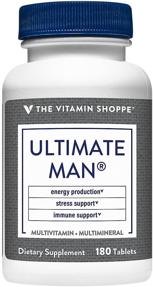 The Vitamin Shoppe Brand Ultimate Man Multivitamin Daily Men’s Multivitamin with Key Vitamins &amp Minerals Supports Energy and Overall Wellness for Men Gluten Free Soy &amp Dairy Free 180 Tabl