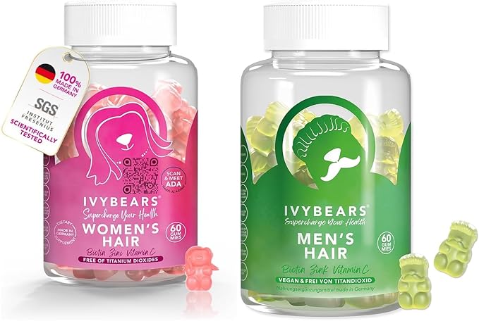 IvyBears® Couple’s Hair Vitamin Bundle – Women’s &amp Men’s Hair Growth Gummies – Biotin Collagen Zinc &amp Multivitamins – Stronger Hair Skin &amp Nails – Vegan – 60 Count Each – 1 Month Supply