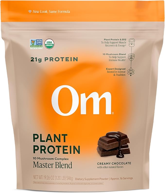 OM MUSHROOM SUPERFOOD Master Blend Vegan Protein – Organic Chocolate Plant Protein with 10 Mushrooms Ashwagandha BCAAs &amp B12 – Energy Recovery &amp Immune Support – 1.2 lb (16 Servings)