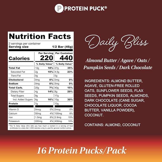 Protein Puck Plant Based Bars | Snacks with Vegan Protein | 16 Count | 3.25 oz Full Size | Gluten Free Non Dairy Kosher Certified Non GMO Premium Healthy Bars | Daily Bliss