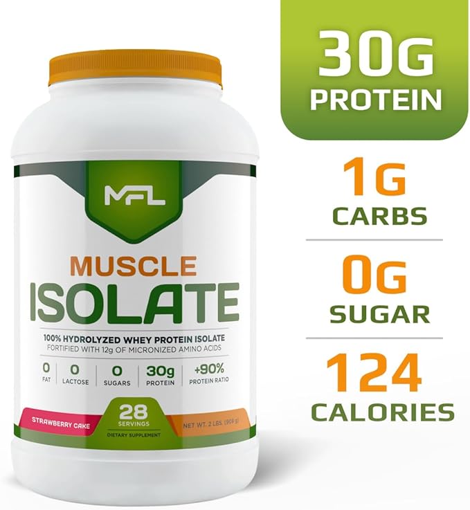 MFL 100% Isolate Protein l 30g of Protein l 12g Amino Acids l Keto Friendly l Low Carbs l 2 lbs. (Strawberry Cake)