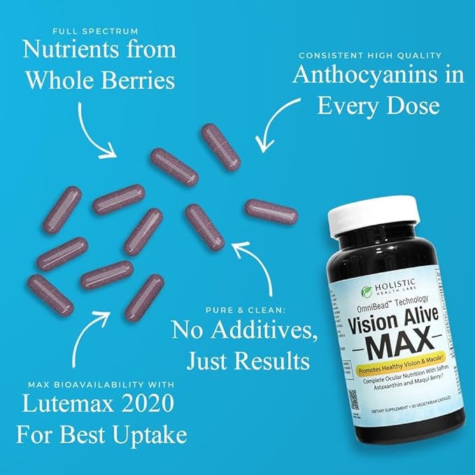 Holistic Health Labs Vision Alive Max with 8 Natural Ingredients Lutemax® 2020 Bilberries Blueberries c3g from Black Currant Maqui Berry Saffron and Astaxanthin (30 Count (Pack of 1))