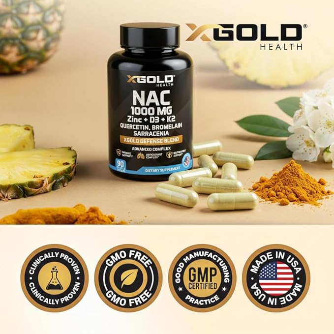 XGold Health NAC 1000 mg with Quercetin 95% Bromelain Zinc Vitamin C D3 &amp K2 Immune Support &amp Antioxidant Supplement Advanced Defense Blend 90 Veggie Capsules