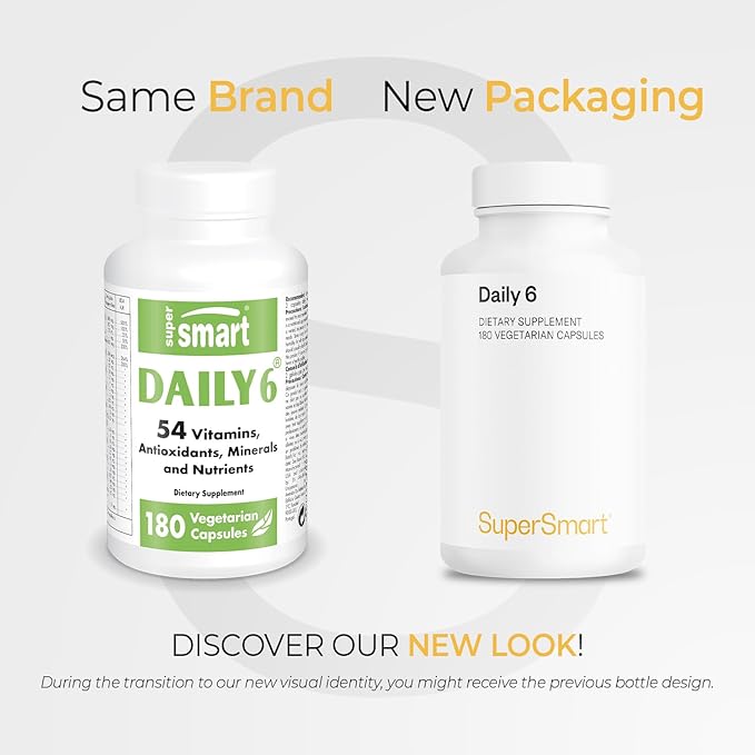 Supersmart - Daily 6 ® - Powerful Mutlivitamin Formula with 55 Ingredients (with PQQ Nicotinamide Riboside) - Support Healthy Cardiovascular System | Non-GMO &amp Gluten Free - 180 Vegetarian Capsul