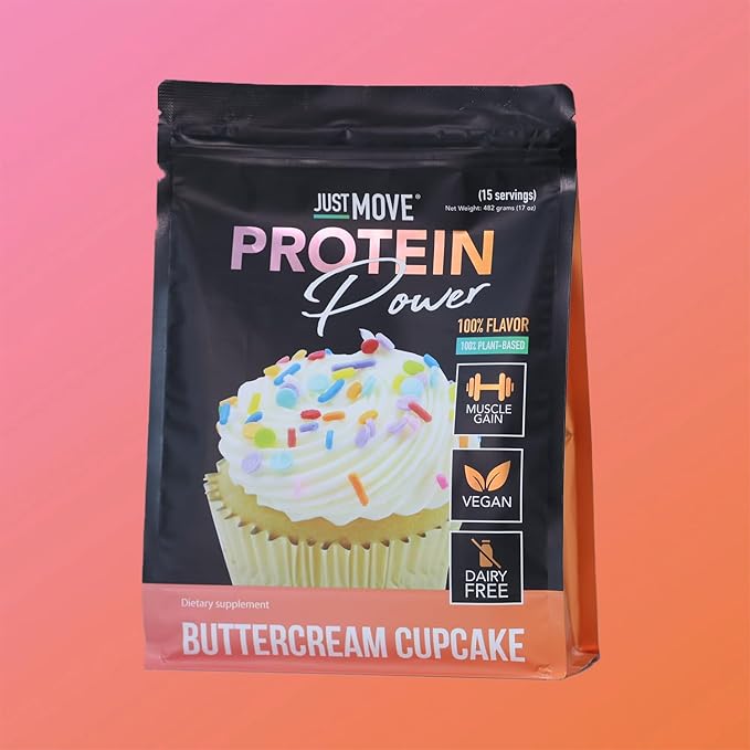 Just Move Protein - Buttercream Cupcake - Vegan (Plant Based) Organic Dairy Free Soy Free Gluten Free Keto Peanut Free 20g Protein Low Carb Non GMO (15 Servings)