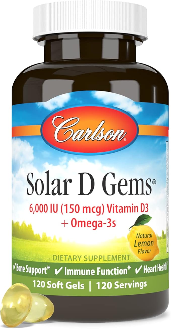 Carlson - Solar D Gems Vitamin D3 and Omega-3 Supplement 6000 IU (150 mcg) Vitamin D3 115 mg Omega-3s EPA and DHA Supplement Wild Caught Sustainably Sourced Lemon 120 Softgels