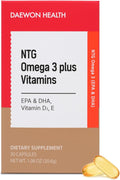 NTG Omega 3 Plus Vitamins – Vegan Algal Oil with Vitamin D3 &amp E High Purity TG DHA EPA Heart Brain Eye Bone Health Support Solvent-Free Water Extraction (30 Softgels x 1020mg)