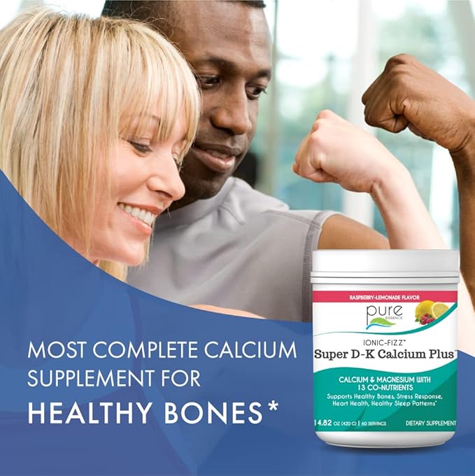 Ionic Fizz Super D-K Calcium Plus by Pure Essence - with Extra Magnesium Vitamin D3 Vitamin K2 for Strong Bones and Stress Support - Raspberry Lemonade - 7.41oz