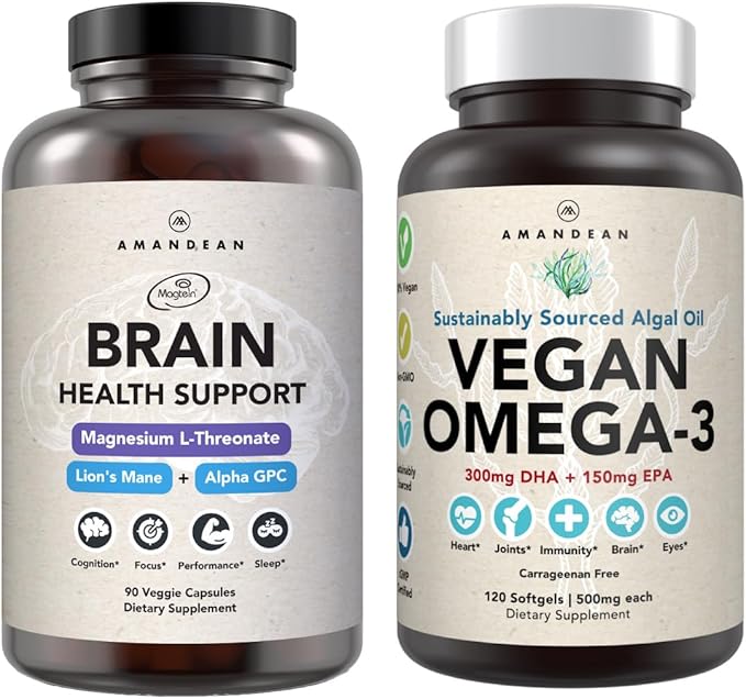 AMANDEAN Brain &amp Vegan Omega-3 Bundle: Magnesium Threonate USA-Grown Lion’s Mane 6:1 Alpha-GPC &amp Algae DHA/EPA. Plant-Based Essential fats for Brain Eye Heart &amp Skin Health. Fish Oil A