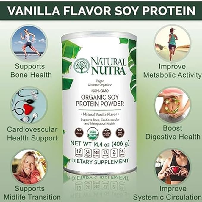 Natural Nutra Organic Vegan Plant Based Soy Protein Source Powder Support Midlife Transition Supports Bone and Improves Cardiovascular Health Gluten Free Non GMO Sugar-Free 14.4 OZ.