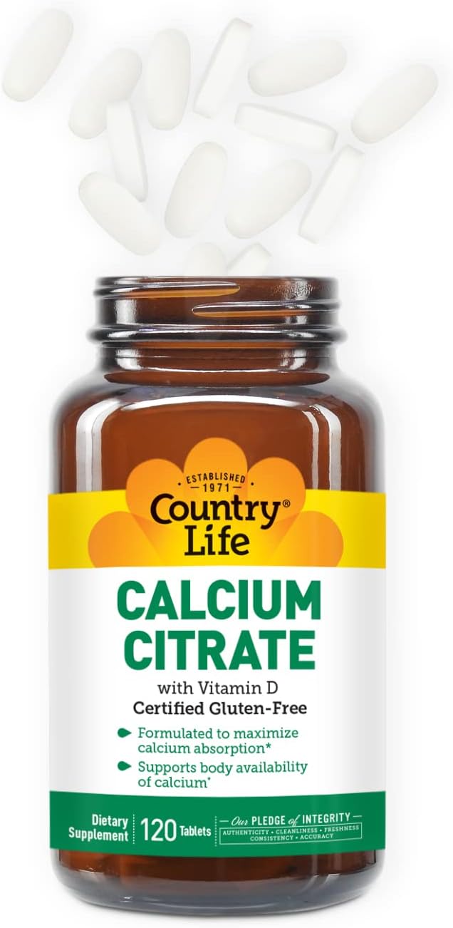 Country Life Calcium Citrate with Vitamin D – 500mg – Highly Absorbable Calcium Supplement – Certified Gluten Free Vegan Halal Non-GMO – 120 Tablets