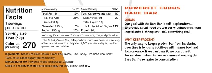 PowerFit Foods Bare Bar 10-Pack 20g Grass-Fed Beef Protein Bar Grass-Fed Tallow Honey Clean Ingredients Seed Oil Free (10-Pack Honey)
