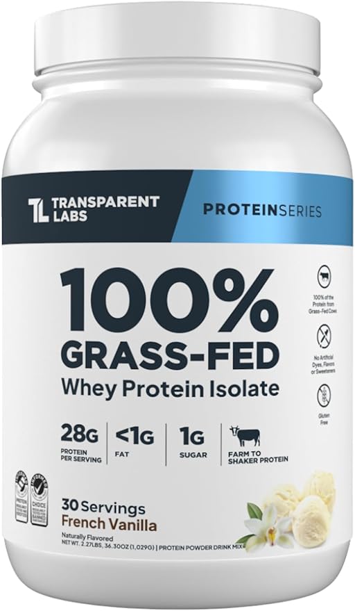 Transparent Labs Grass-Fed Whey Protein Isolate - Naturally Flavored Gluten Free Whey Protein Powder with 28g of Protein per Serving &amp 9 Amino Acids - 30 Servings French Vanilla