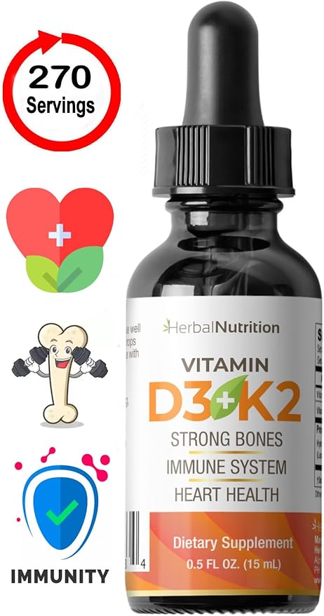 Herbal Nutrition Organic Vitamin D3 K2 Drops – 5000 IU D3 + 63mcg MK7 K2 – 270 Servings Vegan Liquid Supplement Superior Delivery – Bone Heart Immune &amp Mood Support – Peppermint Flavor