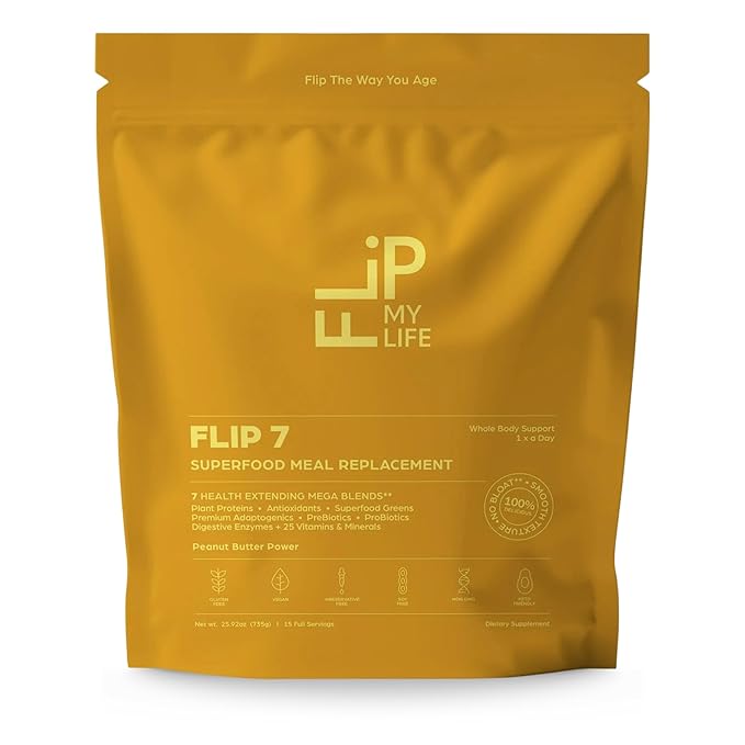 Flip My Life Flip 7 Natural SuperFood Plant-Based Protein Complete Meal Replacement to Support Healthy Gut 7 Mega Nutrient Rich Blends all in one to AGE BETTER - Peanut Butter