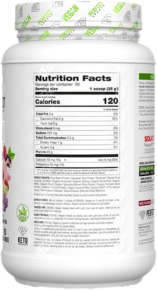 PERFECT SPORTS Vegan Diesel 100% Plant Based Protein | Whole Food Blend | No Artificial Sweeteners Lactose Free Keto | 23g Protein | 1.5 Pounds (Very Berry Splash)