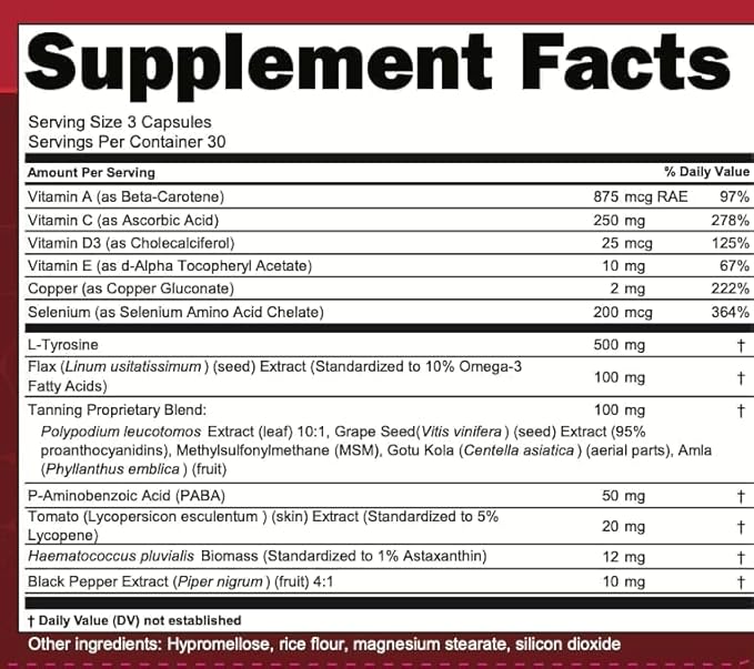 Clean Nutra Astaxanthin 12mg Lycopene Supplement with Vitamin A C D3 E L-Tyrosine Selenium Flax Grape Seed Gotu Kola Amla Black Pepper 90 Complex Veggie Capsules