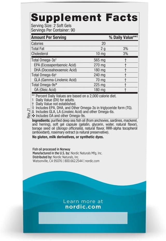 Nordic Naturals Complete Omega Lemon Flavor - 180 Soft Gels - 565 mg Omega-3 - EPA &amp DHA with Added GLA - Healthy Skin Cognition &amp Positive Mood - Non-GMO - 90 Servings