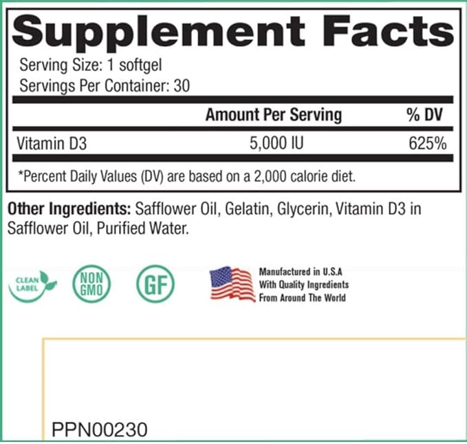 Peak Pure &amp Natural Peak D3 - Calciferol Vitamin D3 5000 IU - Immune Support - Support Heart Health - Boost Energy - Daily Vitamin for Adults | 30 Capsules