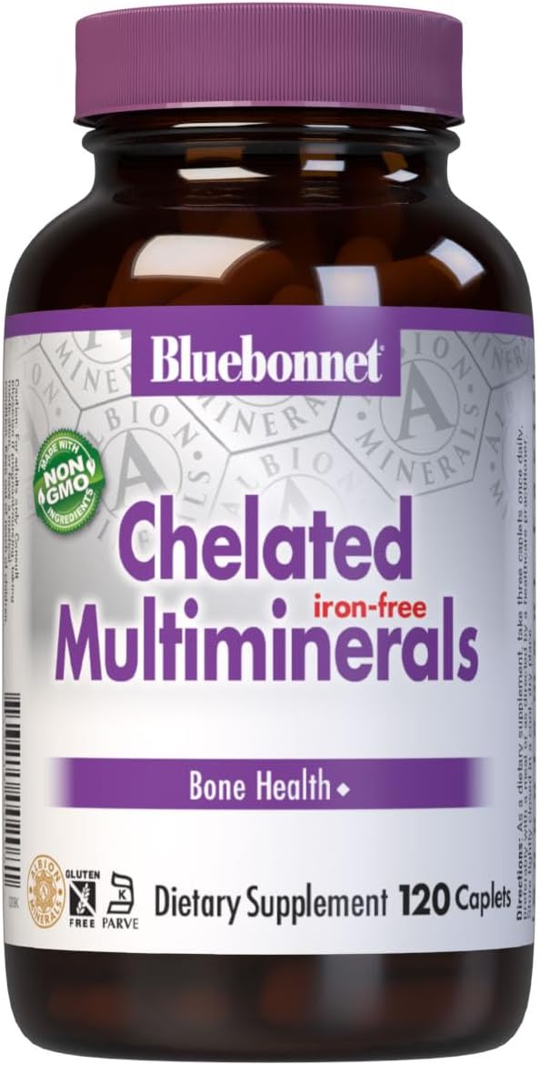 Bluebonnet Nutrition High Potency Chelated Multiminerals (Iron-Free) Albion Chelated Minerals Soy-Free Gluten-Free Non-GMO Kosher Certified Dairy-Free 120 Caplets 40 Servings