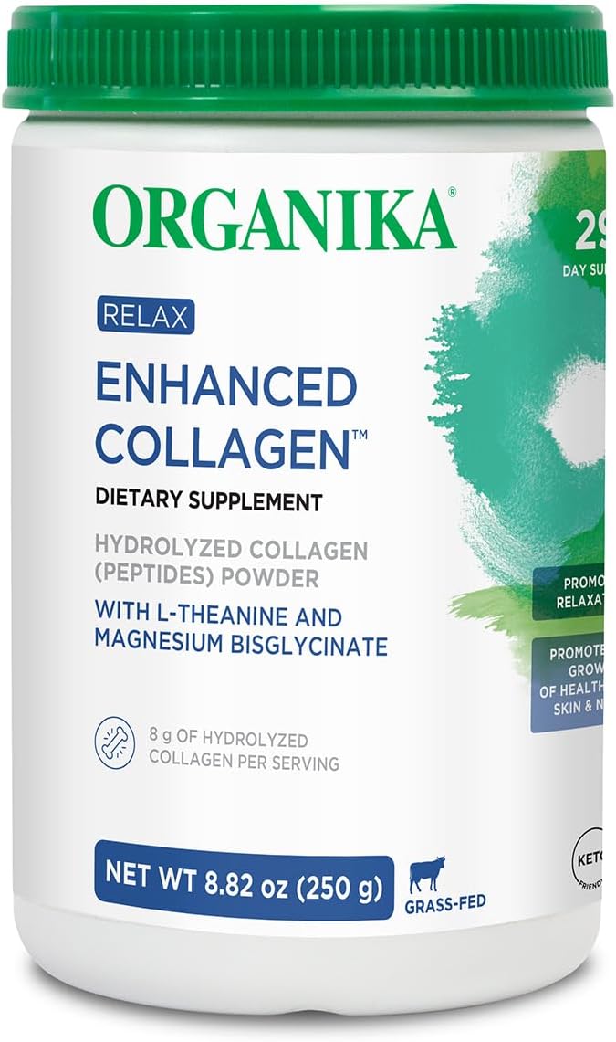 Organika Enhanced Relax Collagen Peptides Powder with L-Theanine &amp Magnesium Bisglycinate (9 oz): Enriched Collagen Powder for Women &amp Men - Skin Hair Joints - Sleep Vitality Relaxation