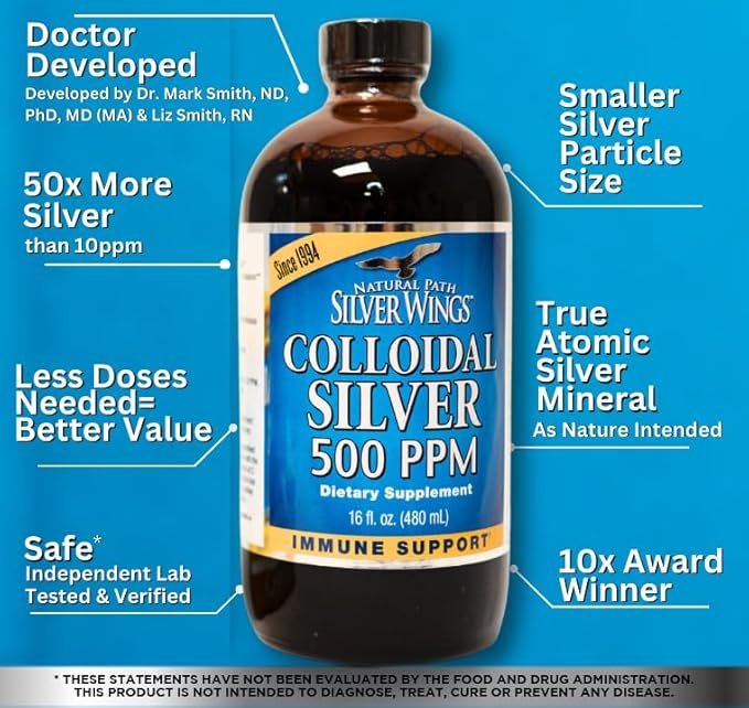 Natural Path Silver Wings Colloidal Silver 500ppm (2500mcg) Immune Support Supplement 16 fl. oz.
