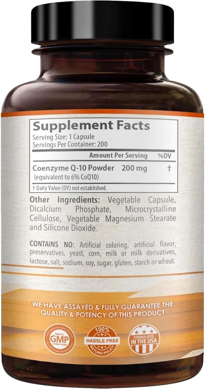 Coenzyme Q10 200mg CoQ10 Supplement -Once Daily CoQ10 200mg Powder Capsules for Heart Health Antioxidant &amp Energy Support -Non-GMO Quick Absorption Ubiquinone Q10 Coenzyme (Single)