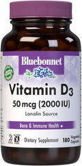 Bluebonnet Nutrition Vitamin D3 2000 IU Vegetable Capsule Aid in Muscle and Skeletal Growth Cholecalciferol from Lanolin D3 Non GMO Gluten Free Soy Free Milk Free Kosher 180 Vegetable Capsule