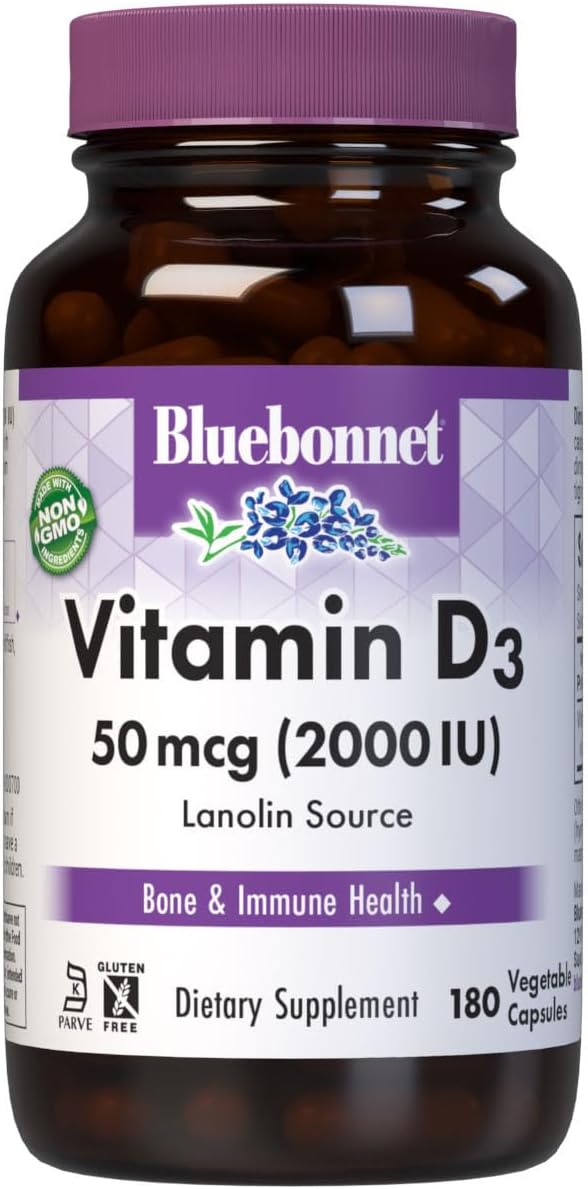 Bluebonnet Nutrition Vitamin D3 2000 IU Vegetable Capsule Aid in Muscle and Skeletal Growth Cholecalciferol from Lanolin D3 Non GMO Gluten Free Soy Free Milk Free Kosher 180 Vegetable Capsule