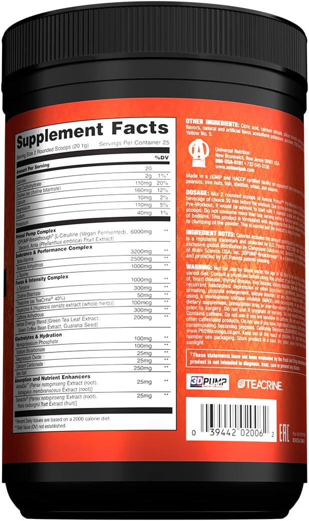 Animal Primal Muscle Hydration + Preworkout Powder – Contains Beta Alanine 3DPump Caffeine &amp Electrolytes – Improves Energy Focus Endurance &amp Absorption – New Blood Orange Flavor 17.7 oz