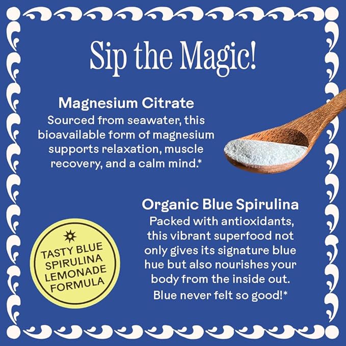 Wooden Spoon Herbs Magic Magnesium Citrate Sachets Drink Mix (Blue Lemonade) | 200mg Sea-Sourced Magnesium | Digestive Regularity Hydration &amp Electrolyte Support | 10 Single-Serve Packets Vegan