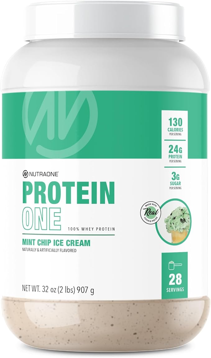 NutraOne ProteinOne Whey Protein Promote Recovery and Build Muscle with a Protein Shake Powder for Men &amp Women (Mint Chip Ice Cream 2 LB)