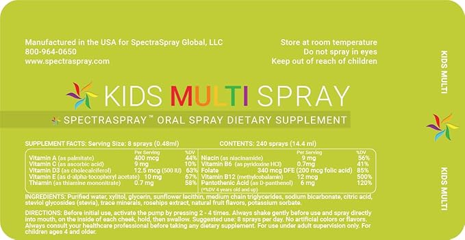 Spectraspray Kids Multivitamin Oral Spray – 10 Essential Vitamins D3 (500IU) &amp B12 Active Form for Immune Support Ideal for Back to School 30 Day Supply