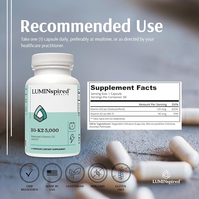 LUMINSPIRED HEALTH Vitamin D3 K2 5000 IU (125 mcg) High Potency Dietary Gluten Free Vitamin Supplements for Healthy Bones Muscles Immune Support &amp Heart Health Non-GMO - 60 Counts Vegan Capsul