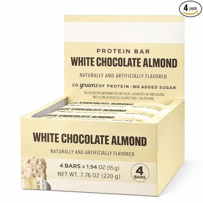 Barebels White Chocolate Almond Protein Bar 20g Protein No Added Sugar Naturally &amp Artificially Flavored High Protein Snack Bar Meal Replacement &amp Workout Bar 4-Pack (55g Each) (Packagin