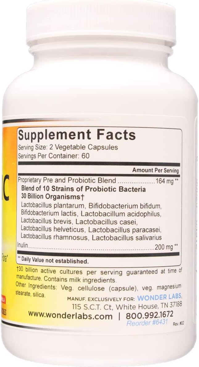 Wonder Laboratories Probiotic 30 Billion Good Bacteria (8 Lactobacillus Strains and 2 Bifidobacterium Strains) Nutritionally Support a Healthy Digestive System 120 Capsules