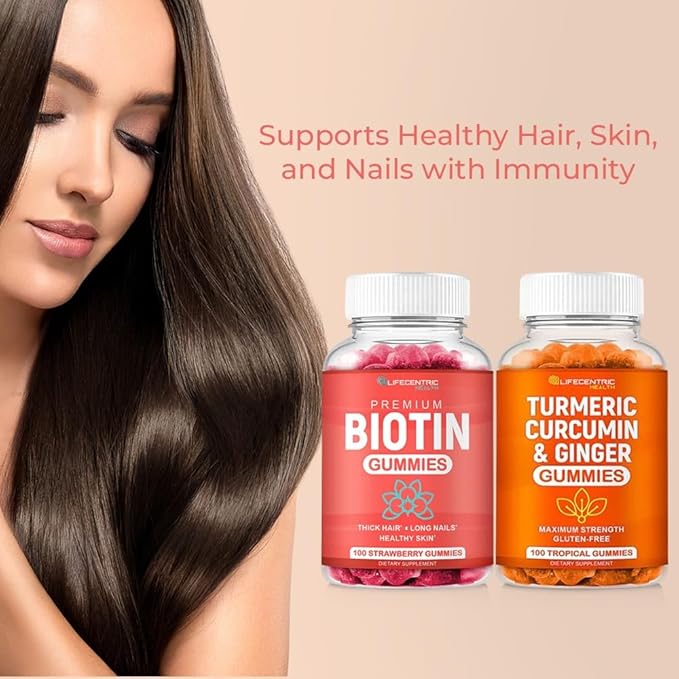 Biotin &amp Turmeric Vegan Gummies Combo | Max Strength Hair Growth Skin Health and Overall Wellness | 10000mcg Biotin &amp 95% Standardized Turmeric Curcumin | Natural Non-GMO and Gluten-Free Su