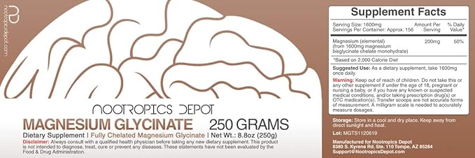Nootropics Depot Magnesium Glycinate Powder | 250 Grams | Mineral Supplement | Magnesium Supplement | Supports Heart Muscle Nerve and Bone Health