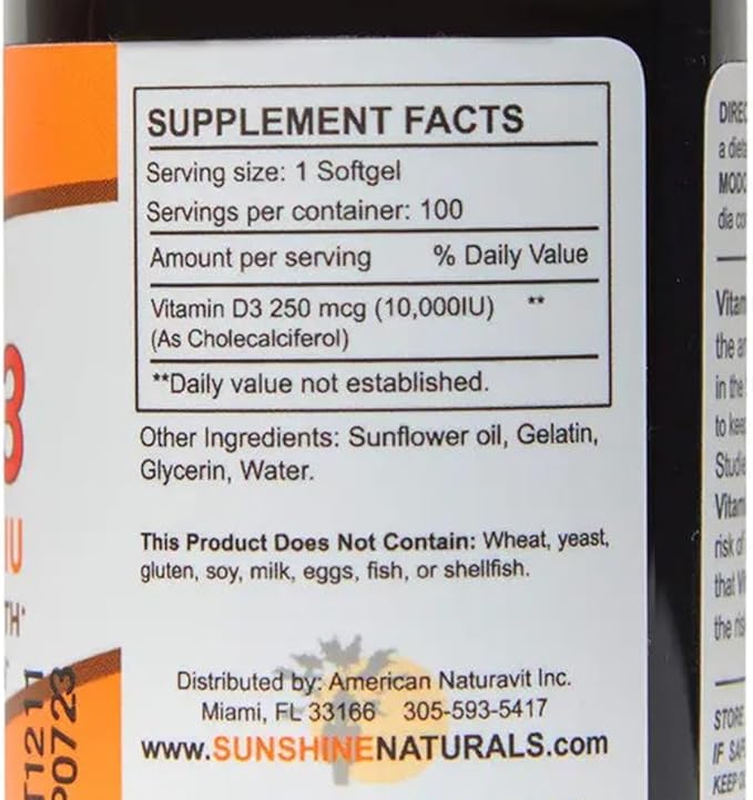 Sunshine Naturals Vitamin D3 Dietary Supplement. High Strength for Immune System Support Bone Health Mood Boost and Muscle Function. 250mcg. 100 Gels. Pack of 2
