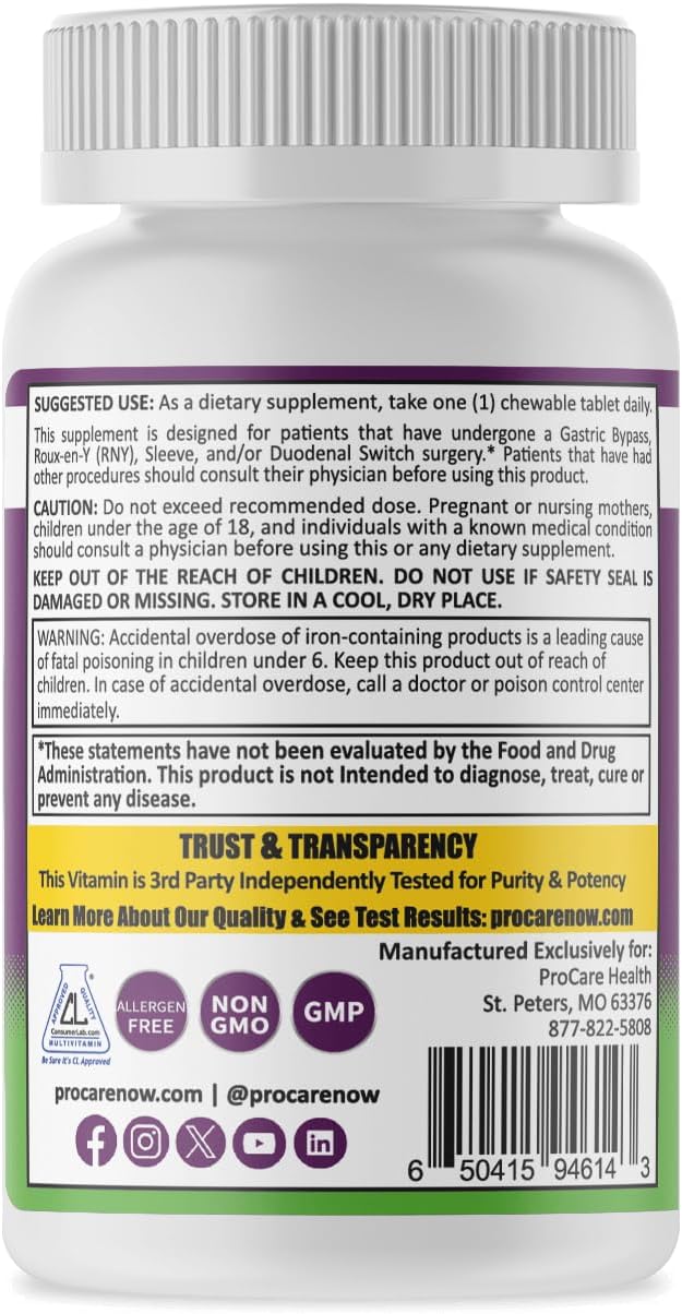 Procare Health Bariatric Multivitamin with Iron 45mg Chewable (30 Tablets) - Fruit Punch Flavor Bariatric Multivitamin Chewable Pills for Gastric Bypass &amp Sleeve Gastrectomy Patients (01 Month Sup