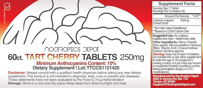 Nootropics Depot Tart Cherry Extract Tablets | 250mg | 60 Count | 10% Anthocyanins | Supports Balanced Oxidation &amp Inflammation Levels | Promotes Physical Strength &amp Energy