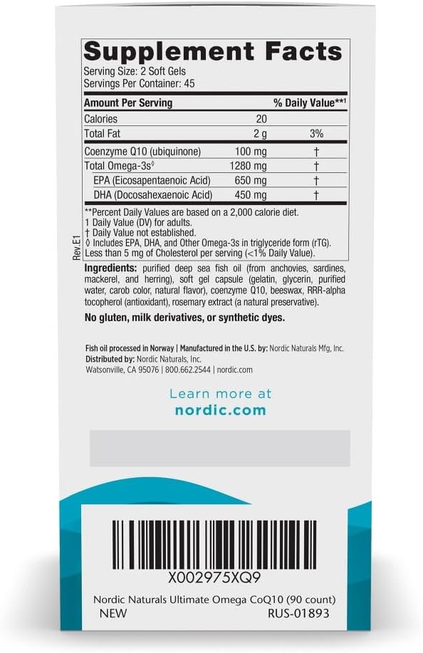 Nordic Naturals Ultimate Omega + CoQ10 Lemon - 90 Soft Gels - 1280 mg Omega-3 + 100 mg CoQ10 - Heart Health Cellular Energy Antioxidant Support - Non-GMO - 45 Servings