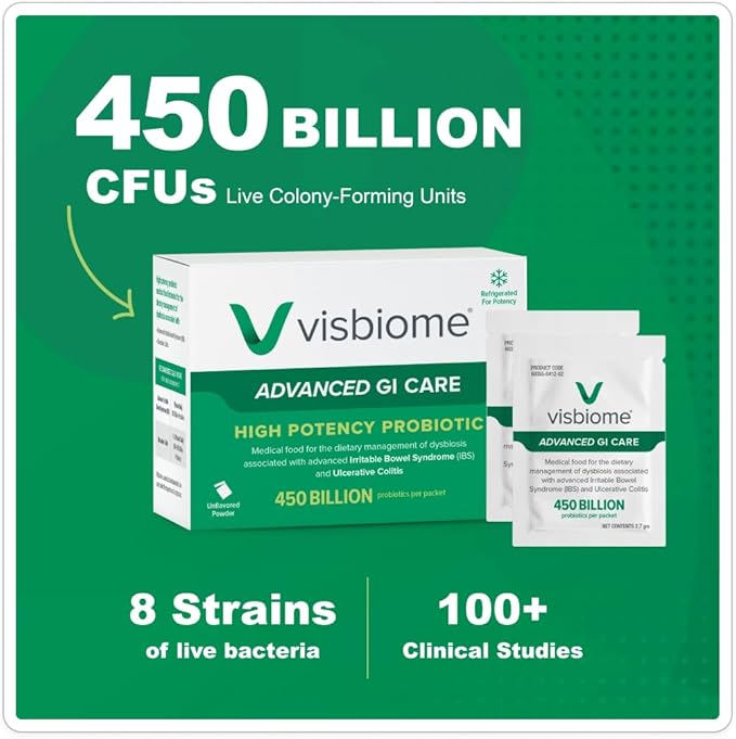 Visbiome® Advanced GI Care - High Potency Probiotic - 450 Billion CFU Live Probiotics Original De Simone Formulation 60 Packets of Unflavored Powder.